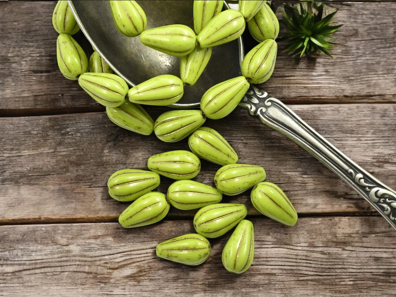 *10* 13x8mm Dark Bronze Washed Opaque Gaspeite Green Melon Drop Beads